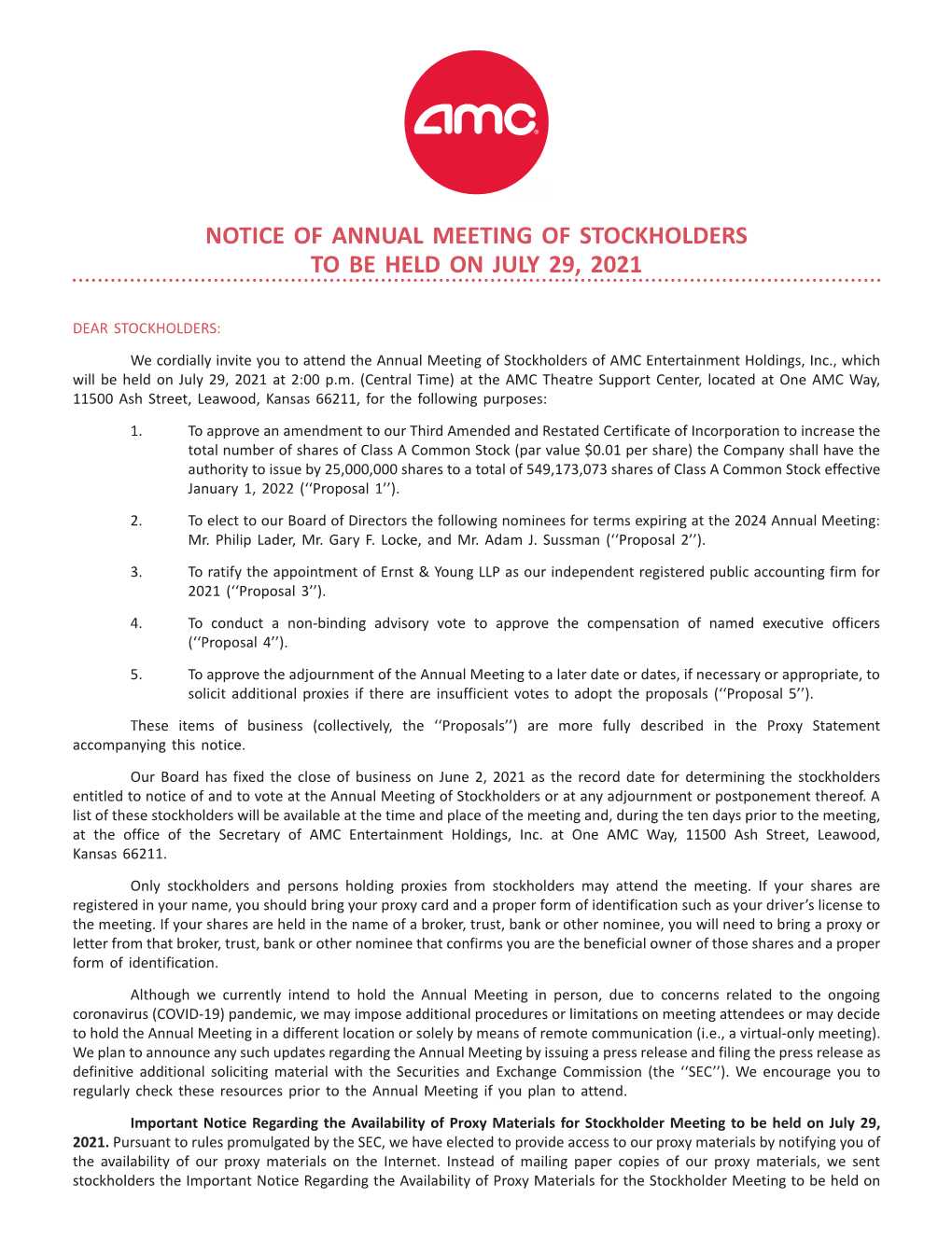 Notice of Annual Meeting of Stockholders to Be Held on July 29