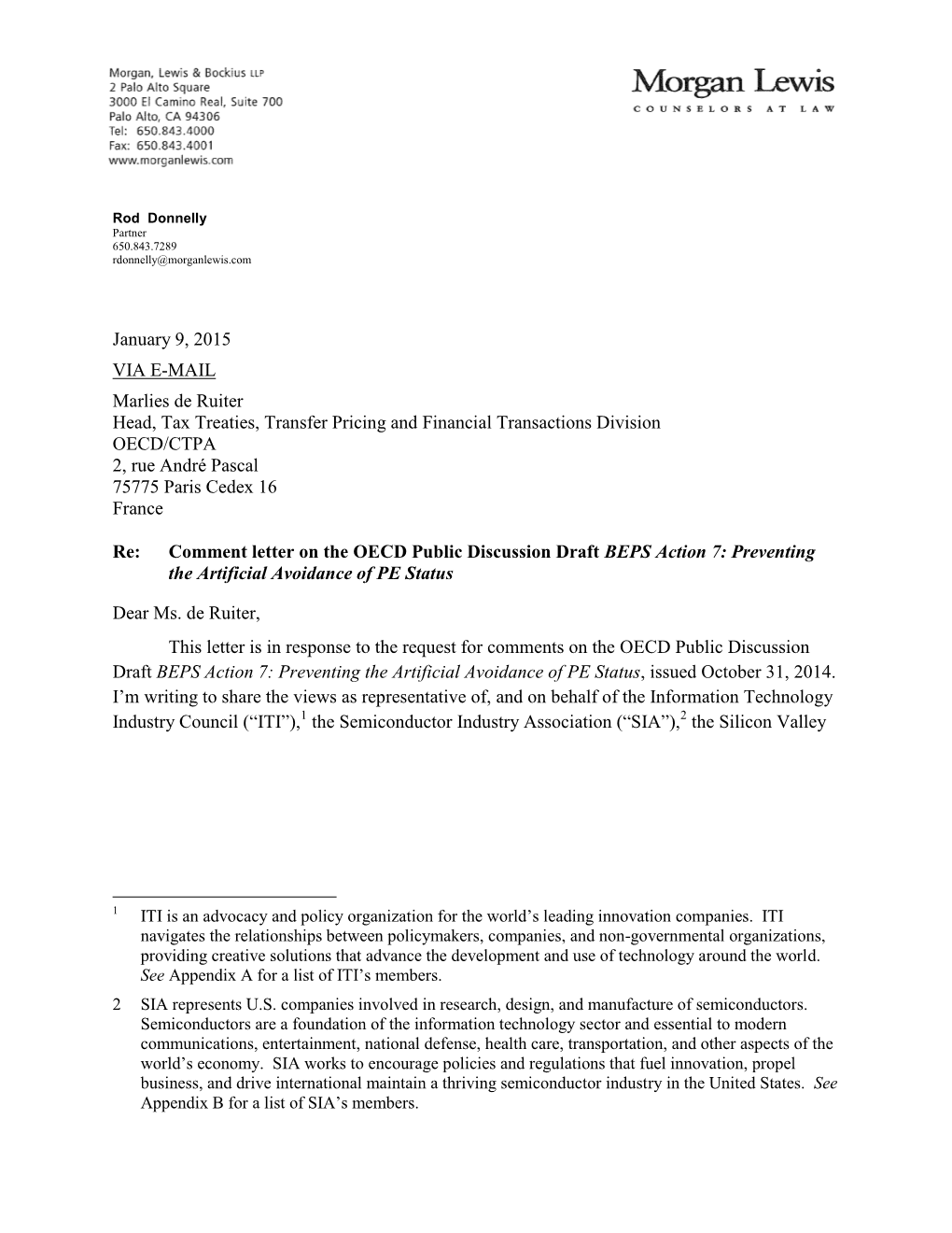 January 9, 2015 VIA E-MAIL Marlies De Ruiter Head, Tax Treaties, Transfer Pricing and Financial Transactions Division OECD/CTPA