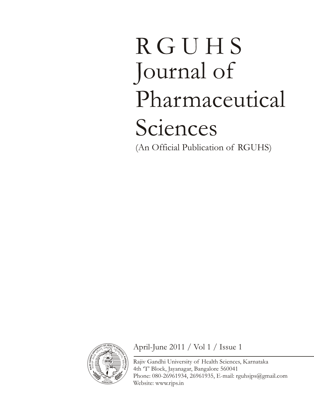 RGUHS Journal of Pharmaceutical Sciences RJPS Contents Vice-Chancellor’S Message