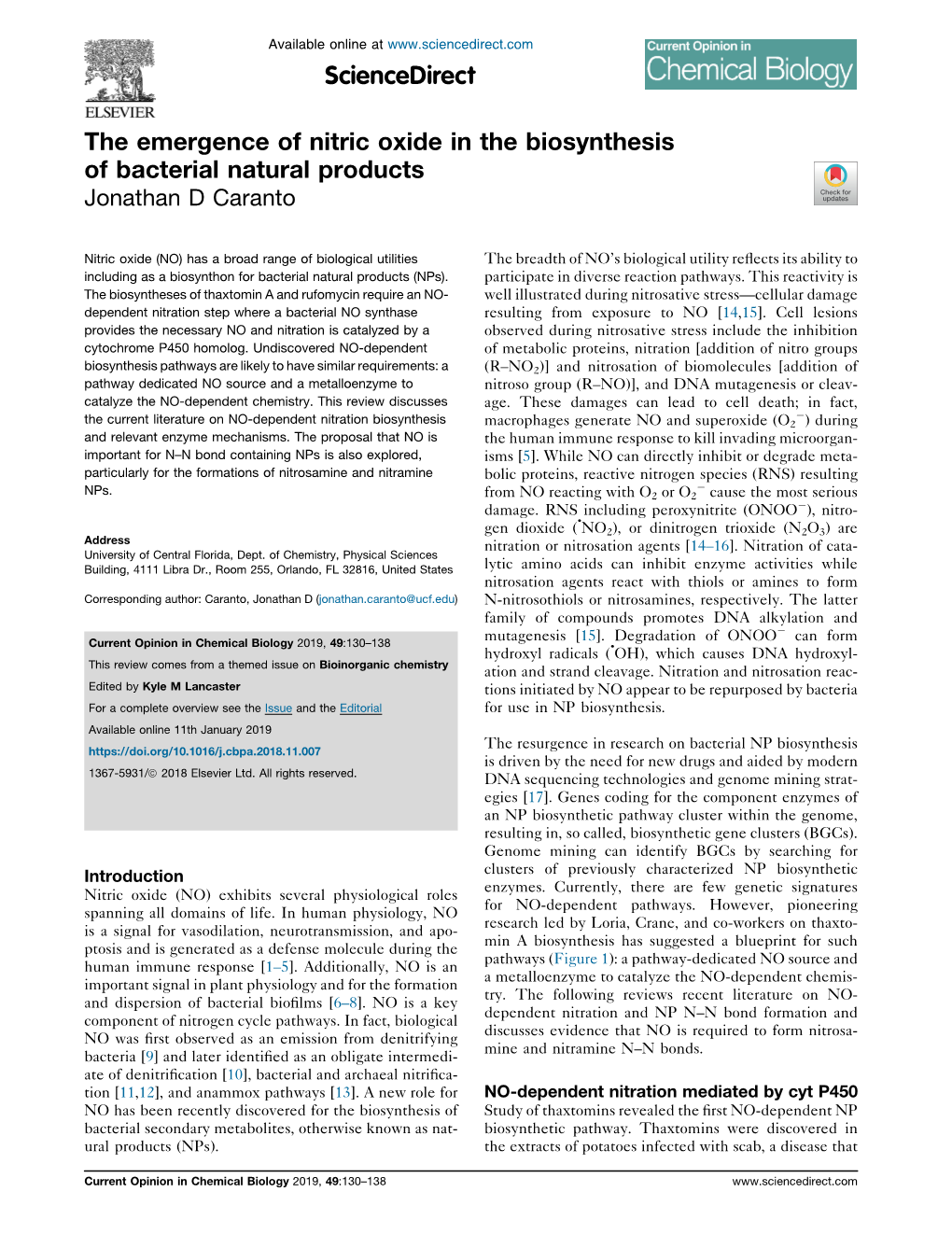 The Emergence of Nitric Oxide in the Biosynthesis of Bacterial Natural