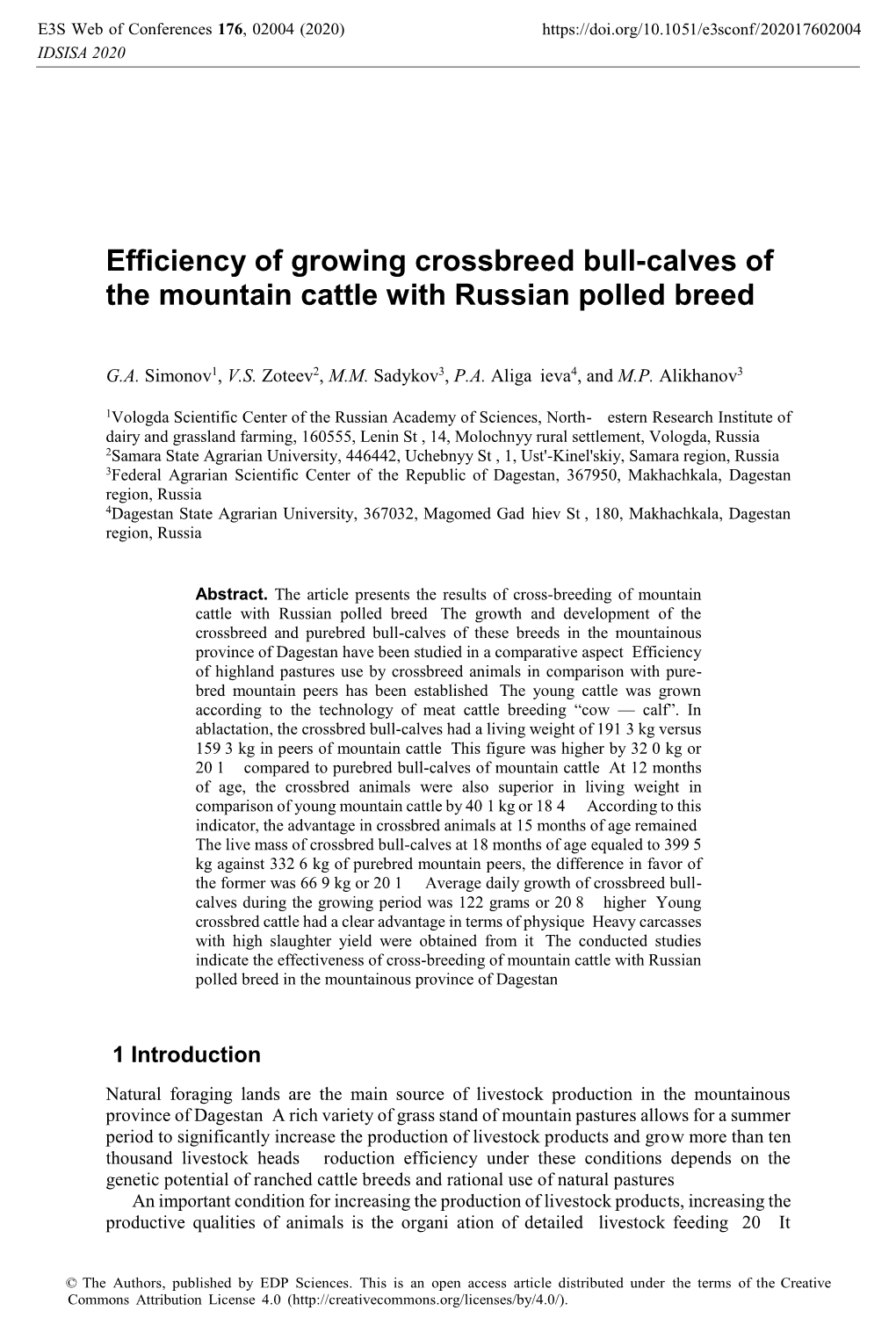 Efficiency of Growing Crossbreed Bull-Calves of the Mountain Cattle with Russian Polled Breed