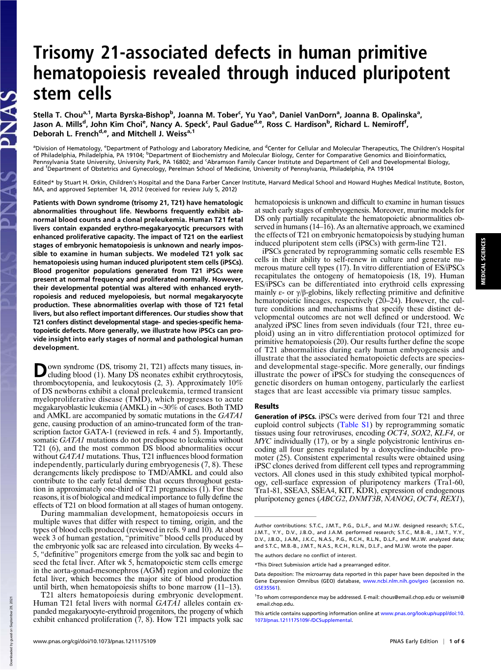 Trisomy 21-Associated Defects in Human Primitive Hematopoiesis Revealed Through Induced Pluripotent Stem Cells