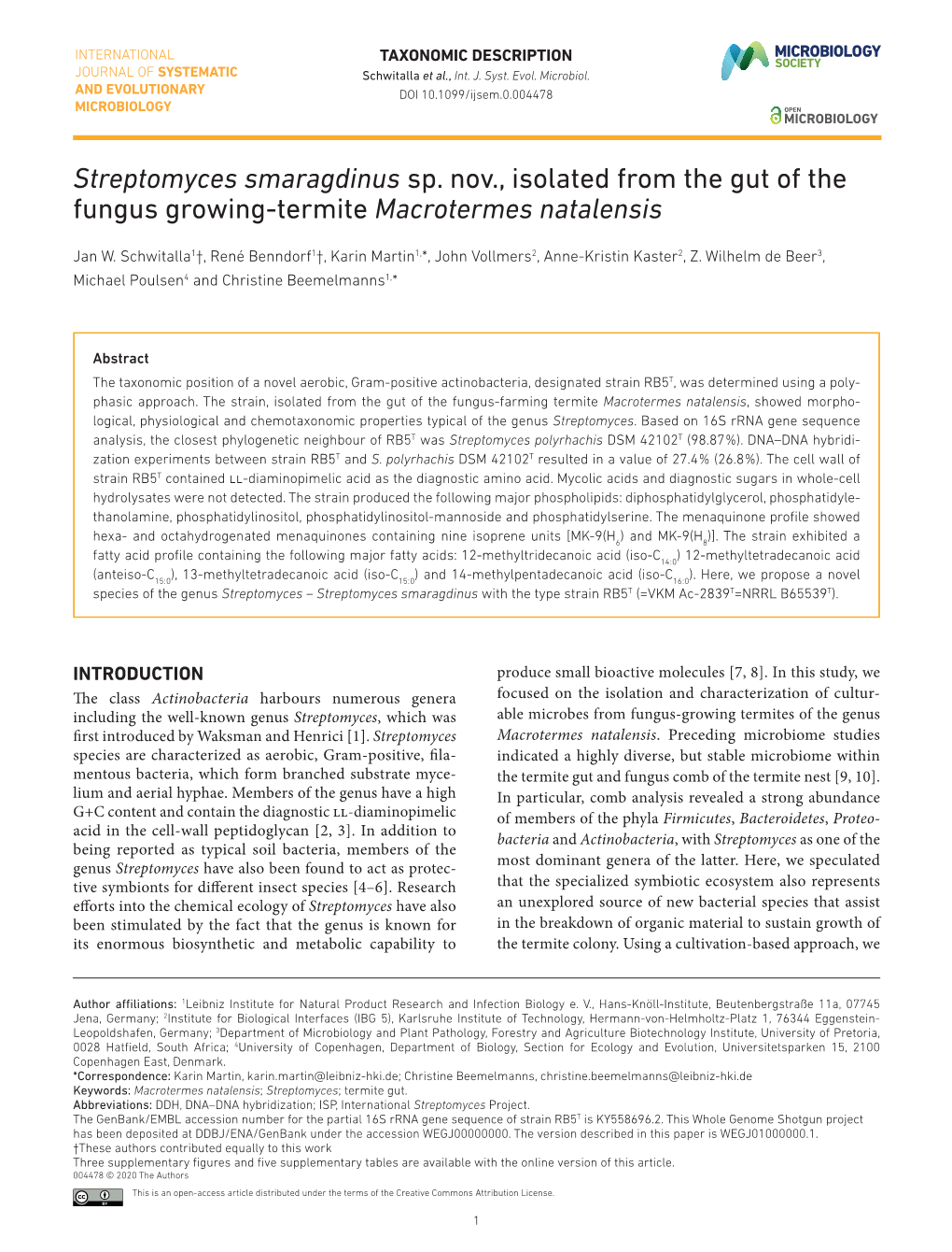 Streptomyces Smaragdinus Sp. Nov., Isolated from the Gut of the Fungus Growing-­Termite Macrotermes Natalensis