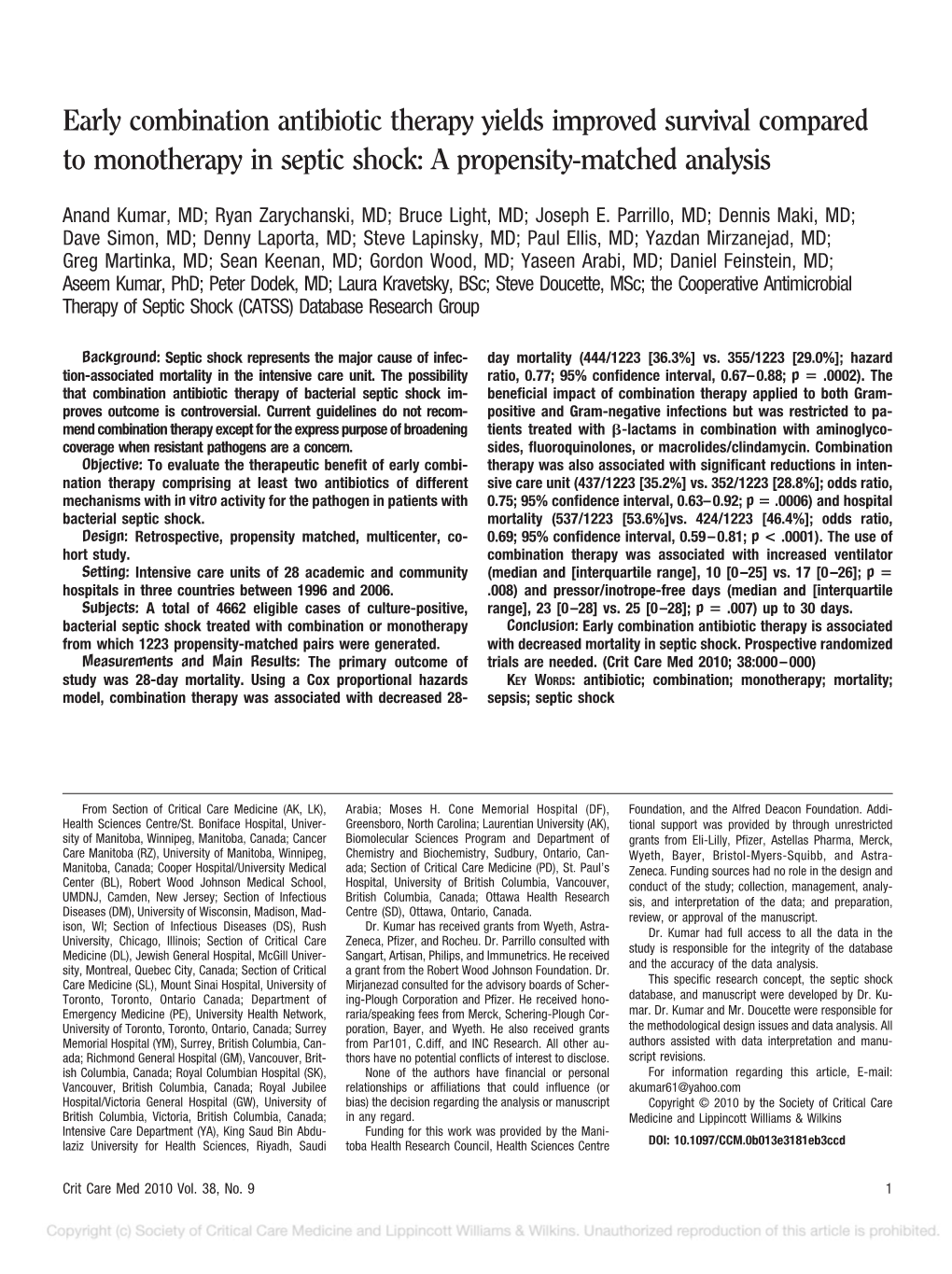 Early Combination Antibiotic Therapy Yields Improved Survival Compared to Monotherapy in Septic Shock: a Propensity-Matched Analysis