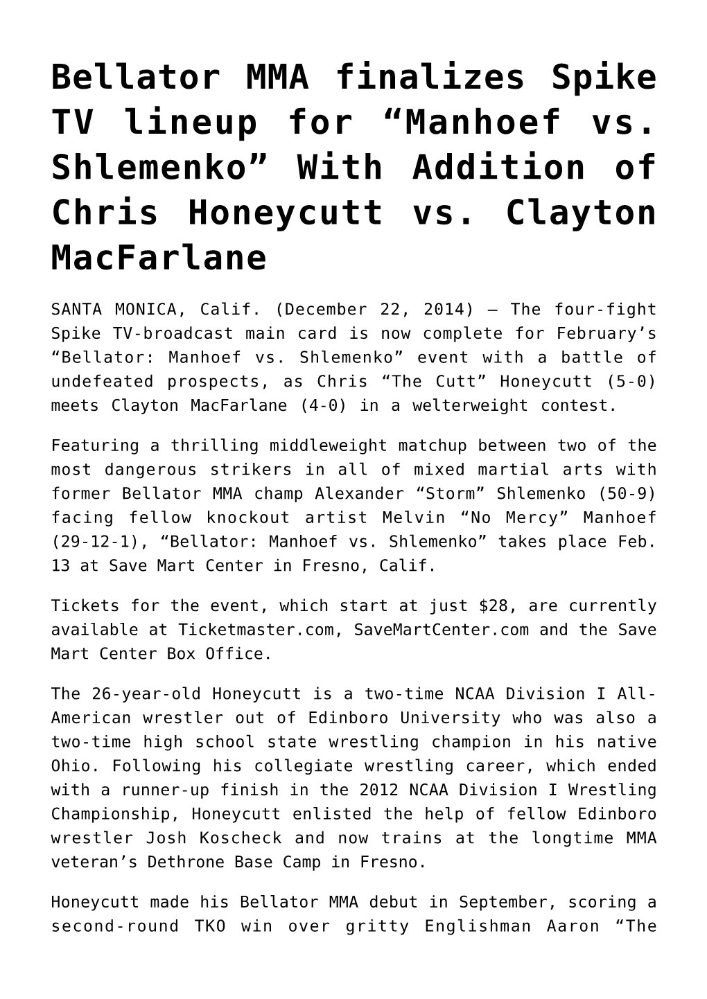 Bellator MMA Finalizes Spike TV Lineup for “