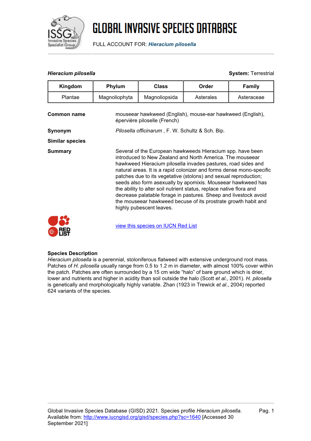 (GISD) 2021. Species Profile Hieracium Pilosella. Availab