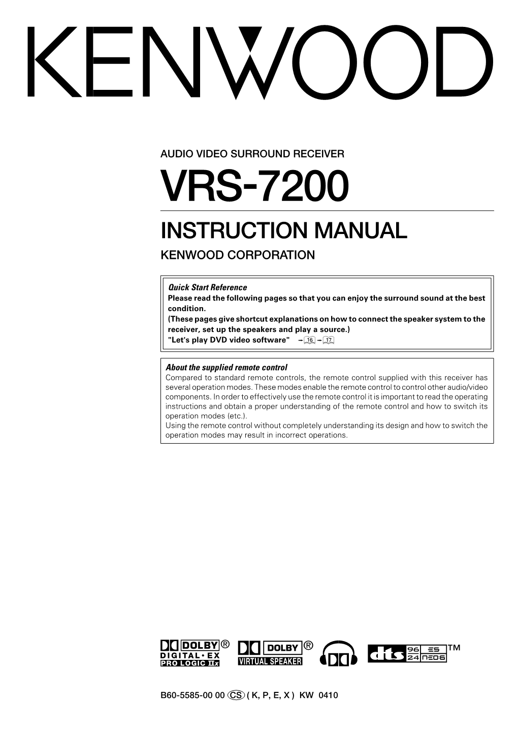 Vrs-7200 Instruction Manual Kenwood Corporation