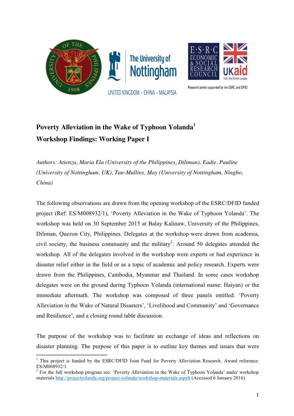 Poverty Alleviation in the Wake of Typhoon Yolanda Workshop Findings