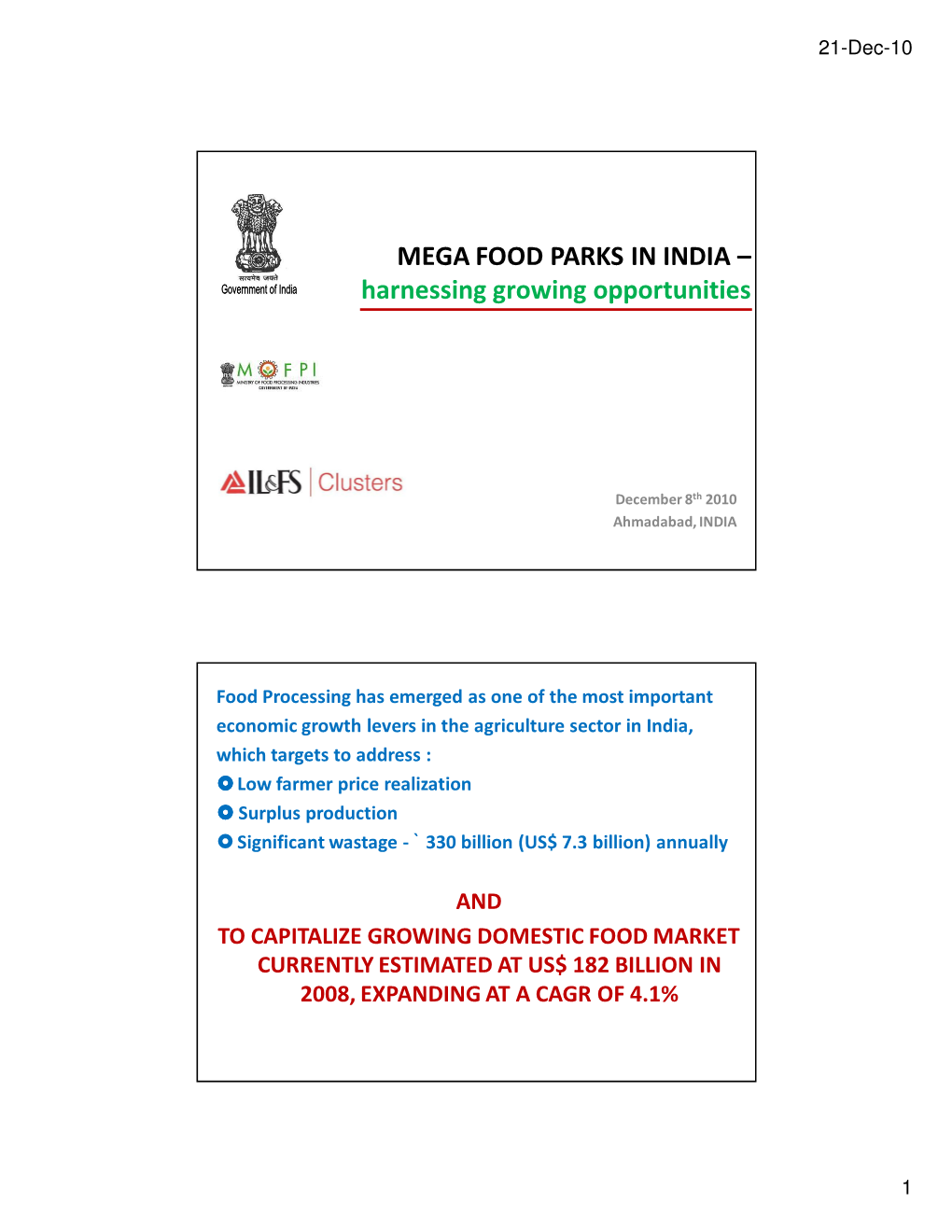 MEGA FOOD PARKS in INDIA – Harnessing Growing Opportunities