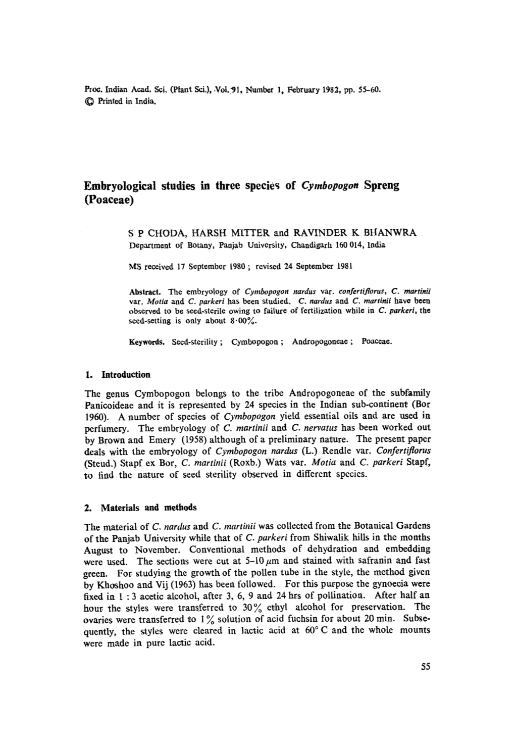Embryological Studies in Three Species of Cymbopogon Spreng (Poaceae)