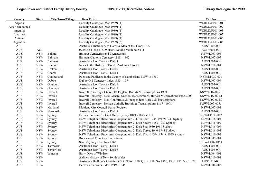 Logan River and District Family History Society CD's, DVD's, Microfiche, Videos Library Catalogue Dec 2013 State City/Town/Villa