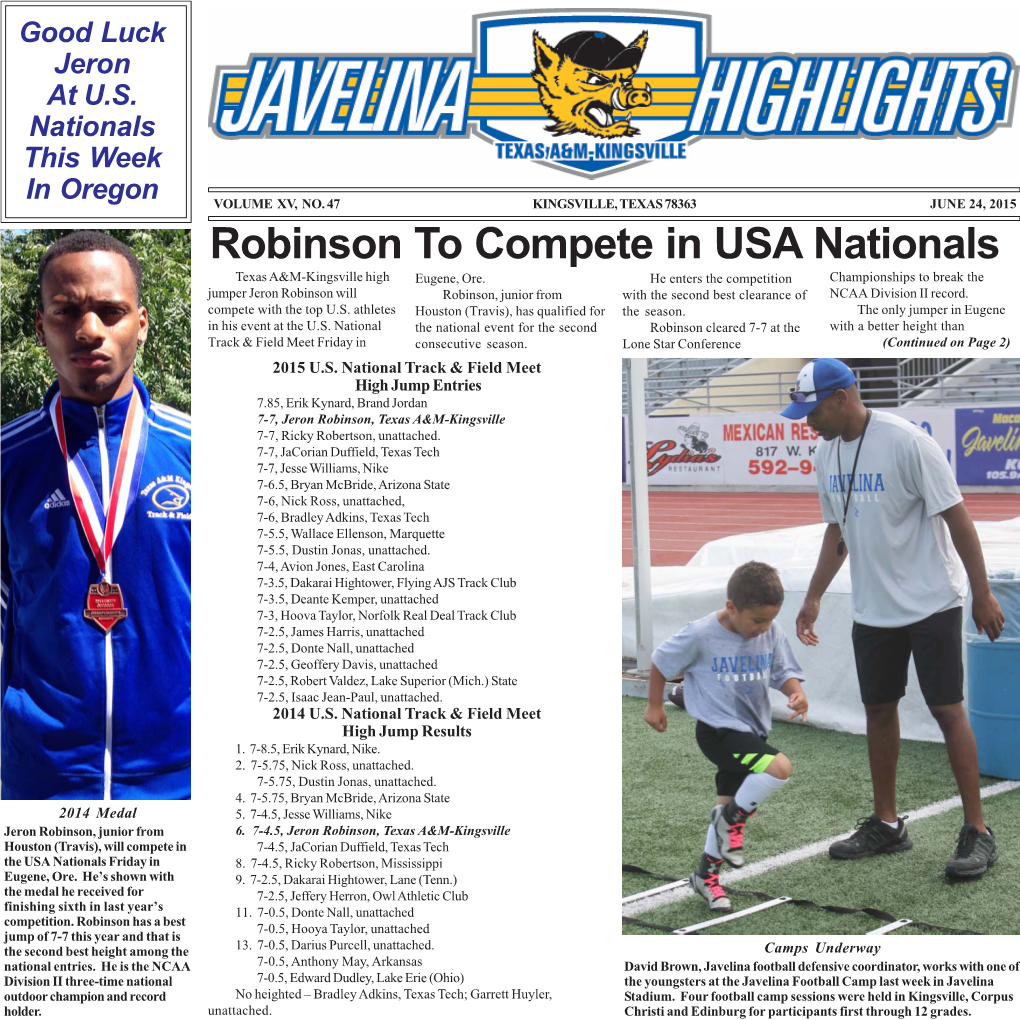 Robinson to Compete in USA Nationals Texas A&M-Kingsville High Eugene, Ore