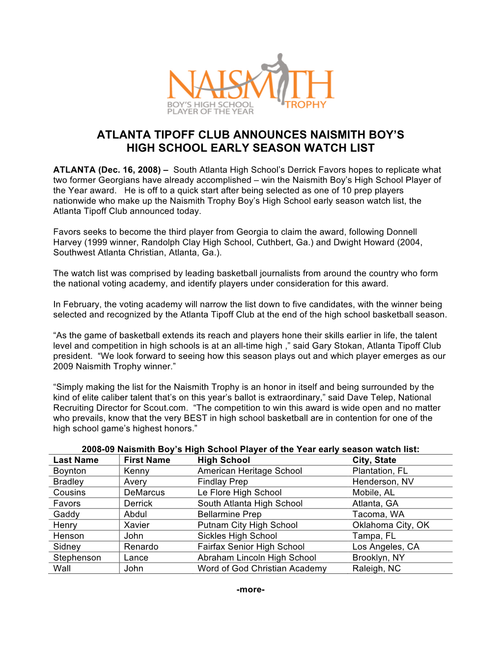 Atlanta Tipoff Club Announces Naismith Boy’S High School Early Season Watch List