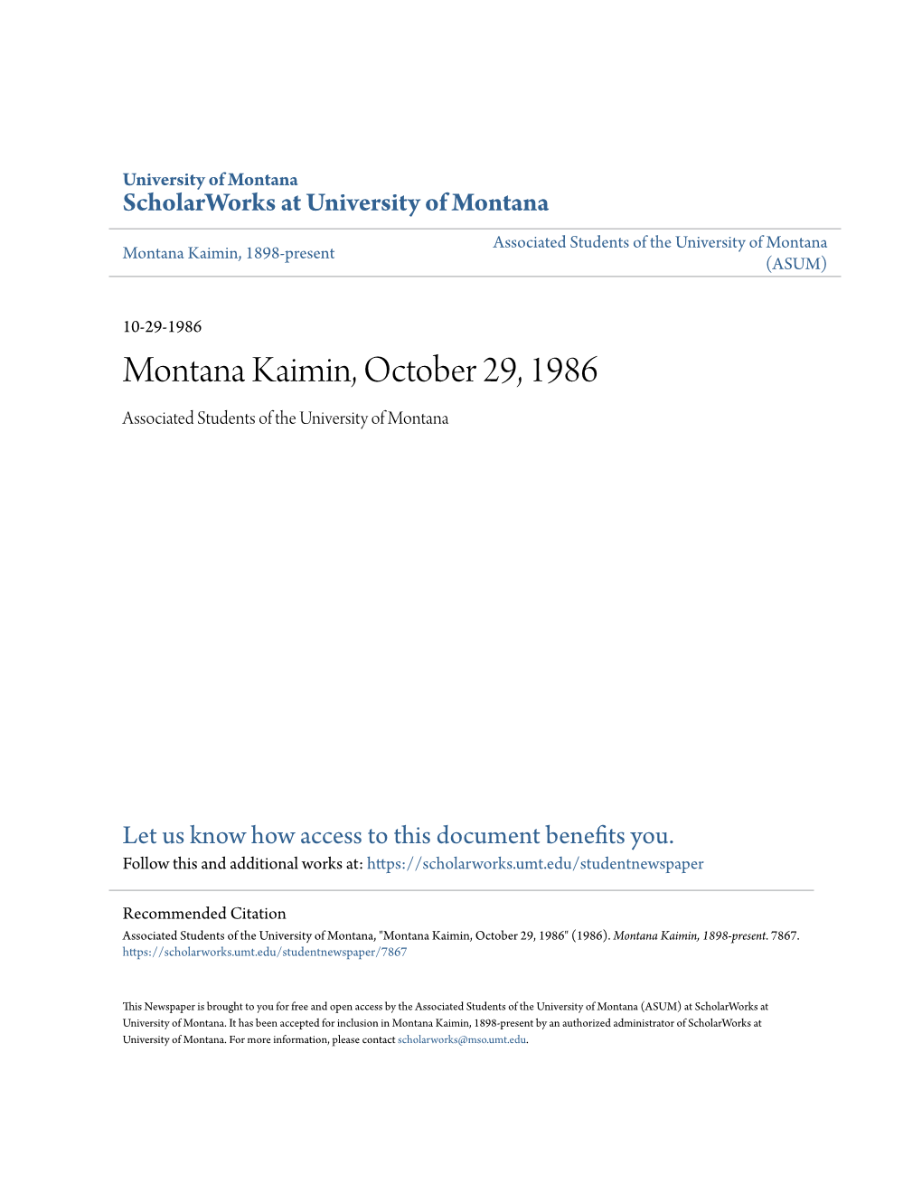 Montana Kaimin, October 29, 1986 Associated Students of the University of Montana