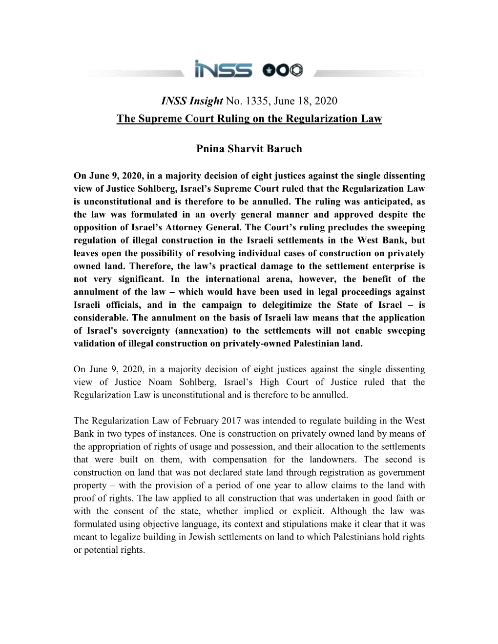 INSS Insight No. 1335, June 18, 2020 the Supreme Court Ruling on the Regularization Law