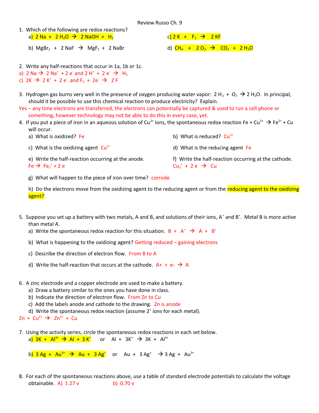 1. Which of the Following Are Redox Reactions?