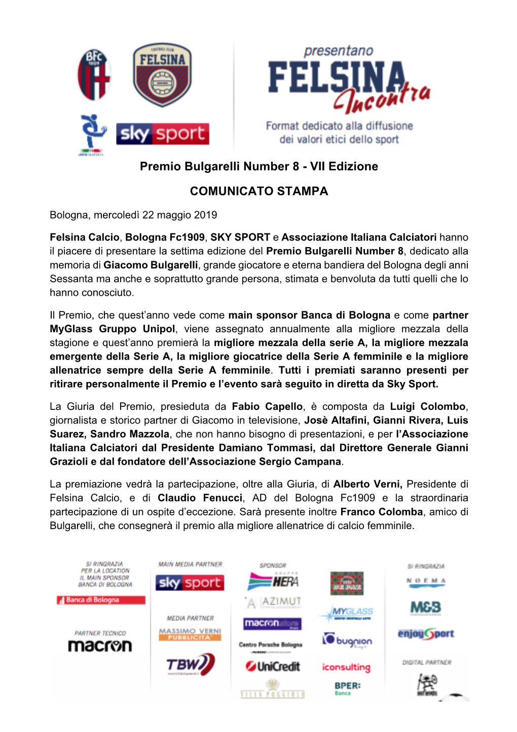 Comunicato Stampa Premio Bulgarelli