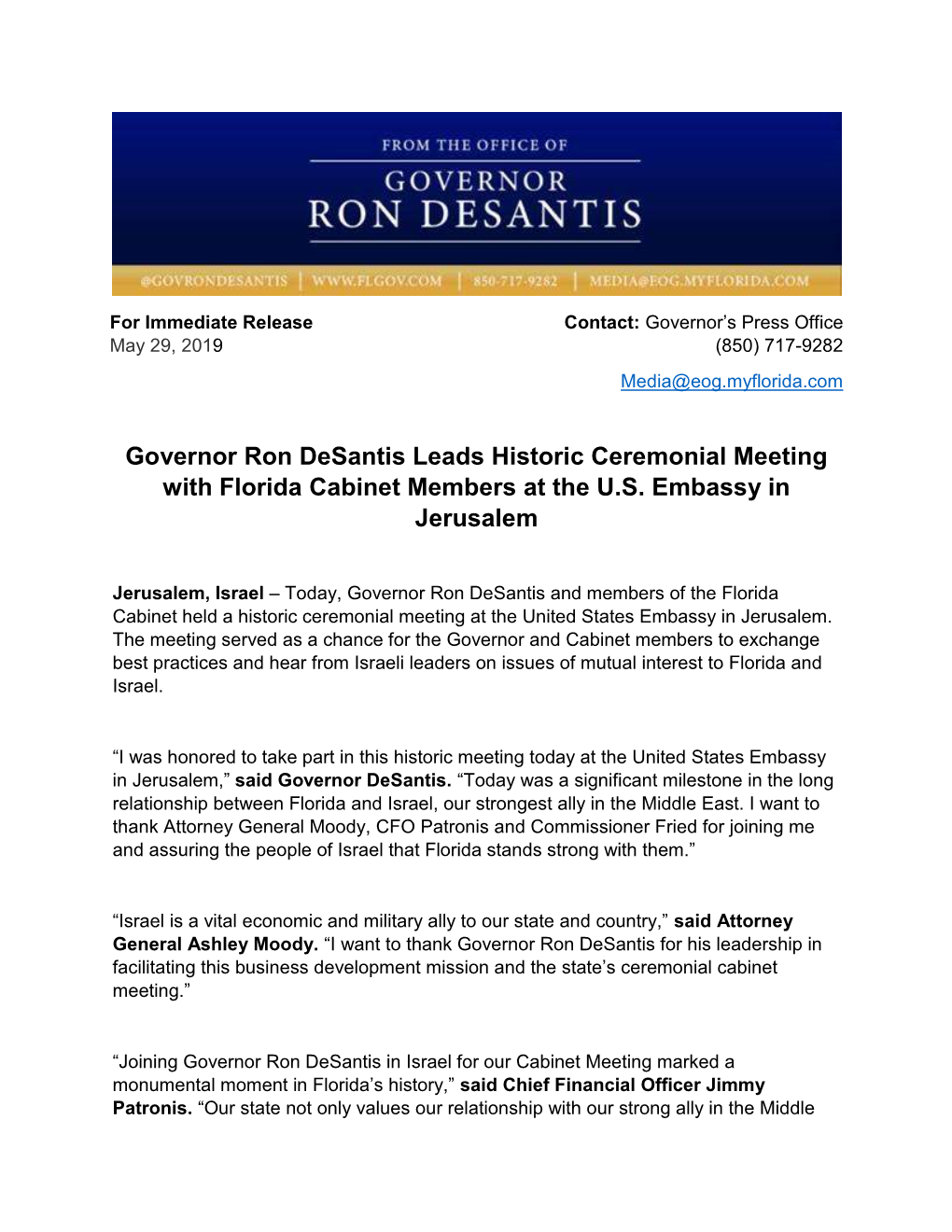 Governor Ron Desantis Leads Historic Ceremonial Meeting with Florida Cabinet Members at the U.S