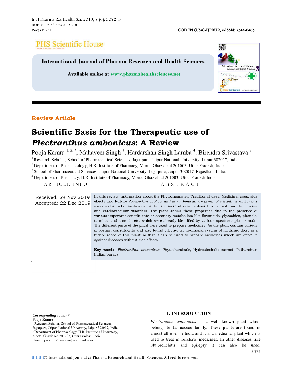 Scientific Basis for the Therapeutic Use of Plectranthus Ambonicus