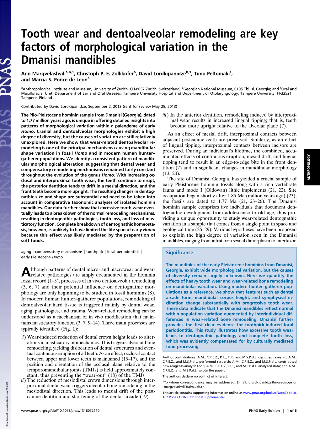 Tooth Wear and Dentoalveolar Remodeling Are Key Factors of Morphological Variation in the Dmanisi Mandibles