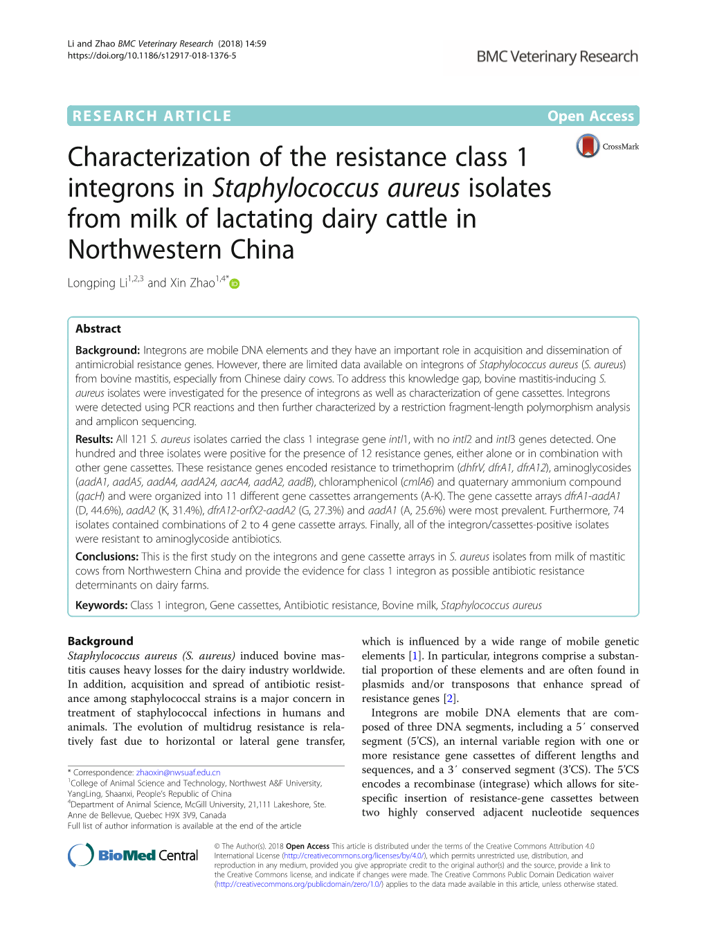 Staphylococcus Aureus Isolates from Milk of Lactating Dairy Cattle in Northwestern China Longping Li1,2,3 and Xin Zhao1,4*
