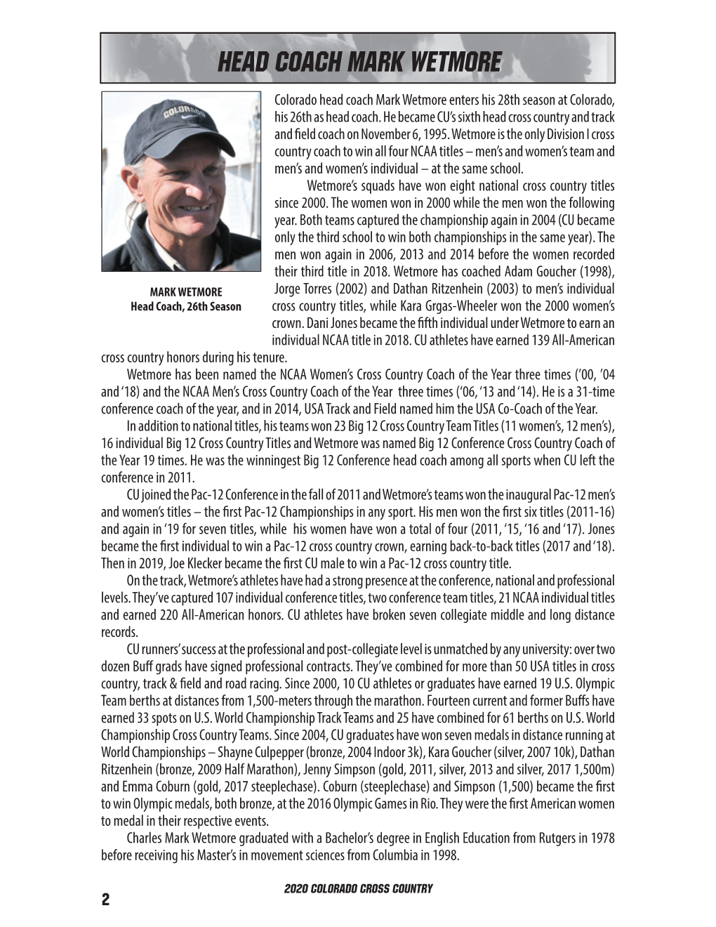 HEAD COACH MARK WETMORE Colorado Head Coach Mark Wetmore Enters His 28Th Season at Colorado, His 26Th As Head Coach