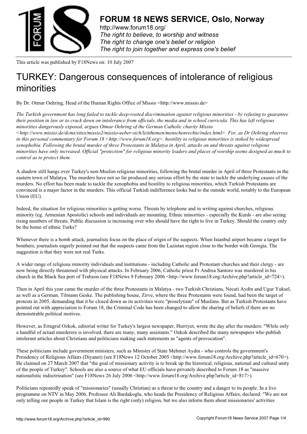 TURKEY: Dangerous Consequences of Intolerance of Religious Minorities
