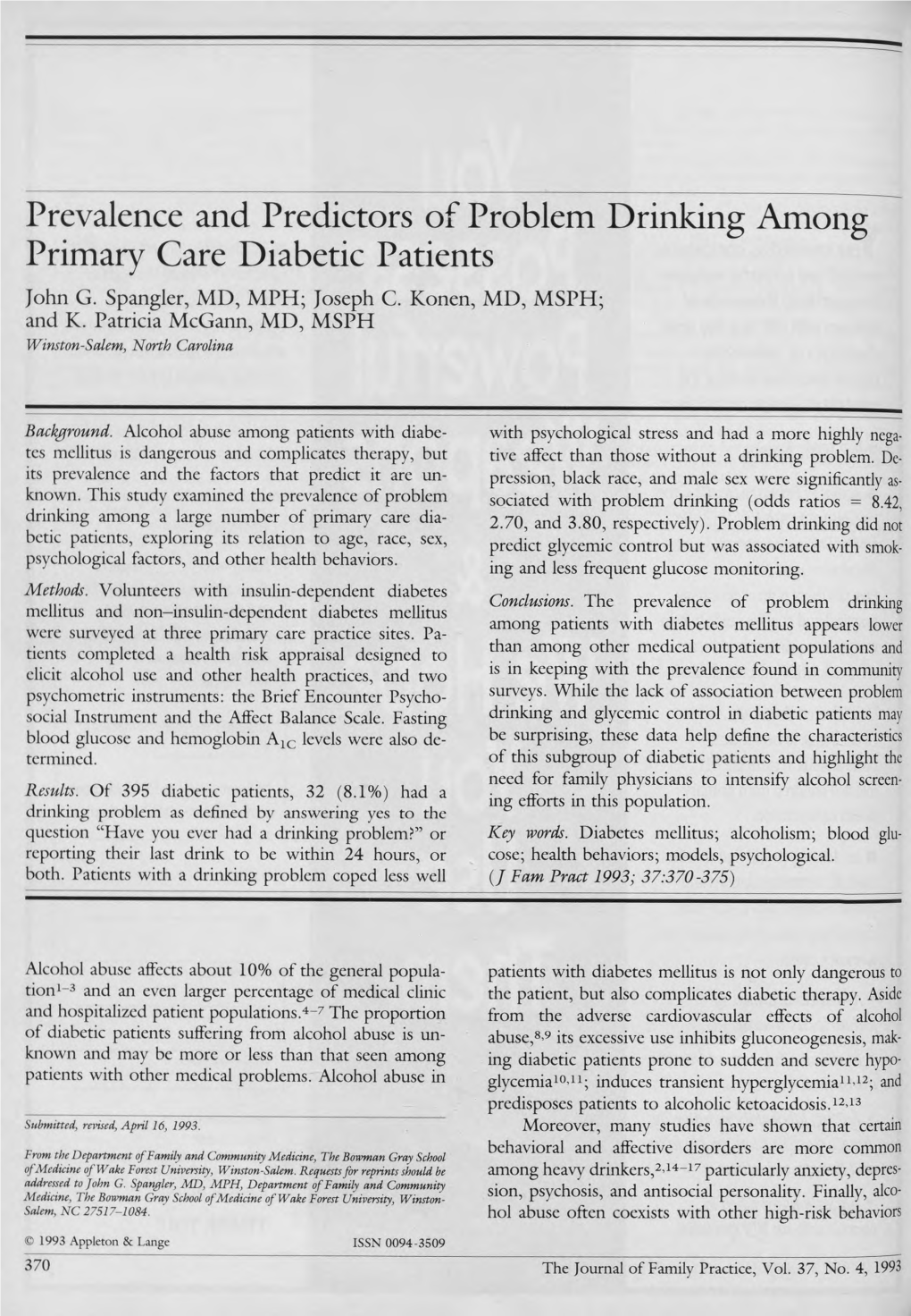 Prevalence and Predictors of Problem Drinking Among Primary Care Diabetic Patients John G