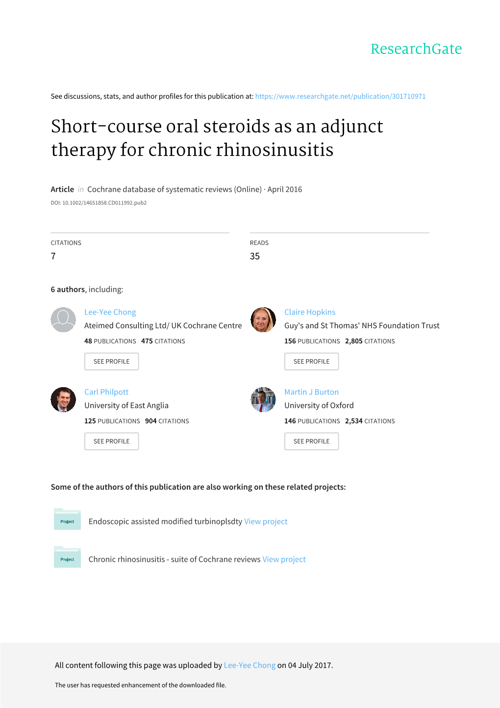 Short-Course Oral Steroids As an Adjunct Therapy for Chronic Rhinosinusitis