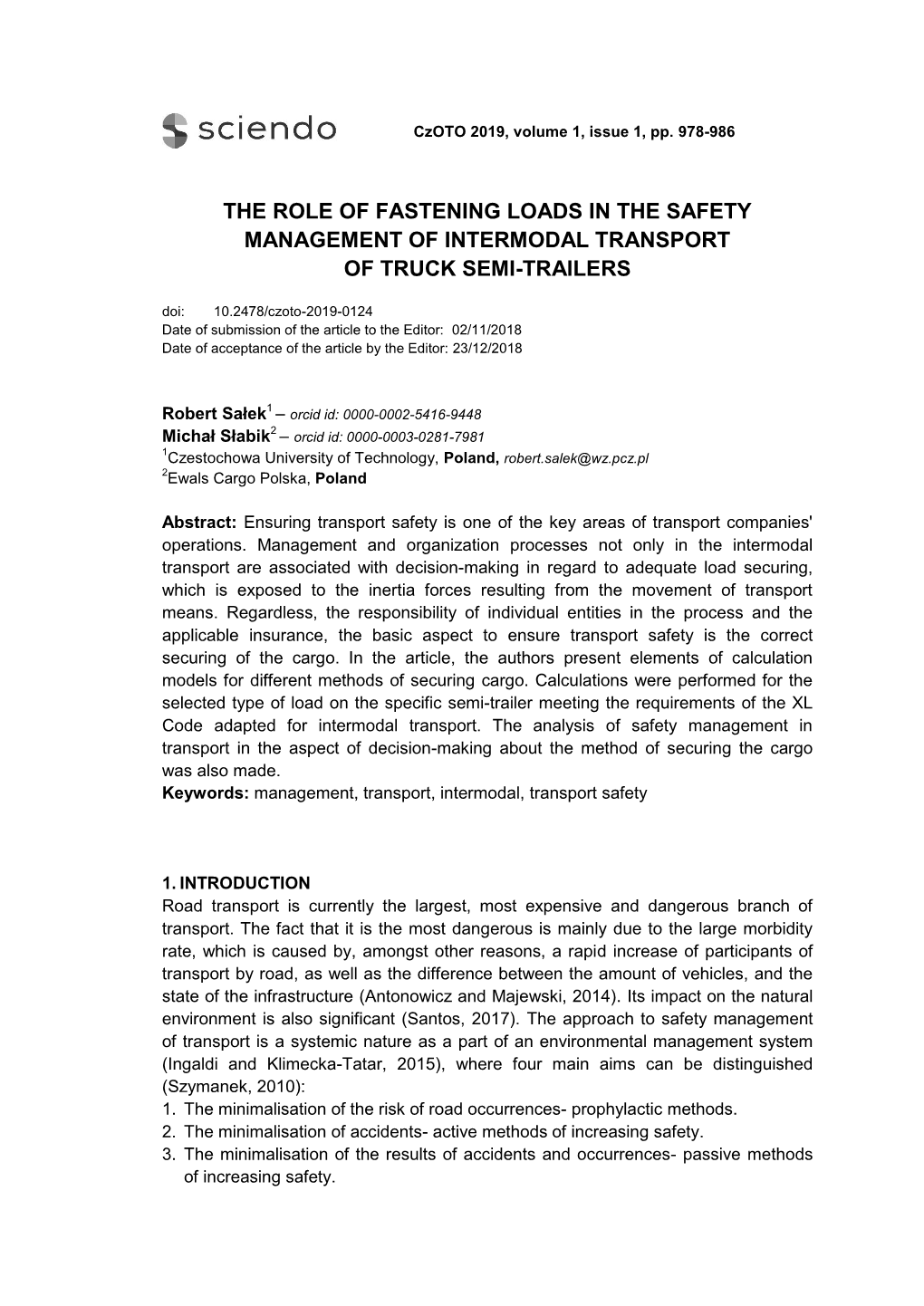 The Role of Fastening Loads in the Safety Management of Intermodal Transport of Truck Semi-Trailers