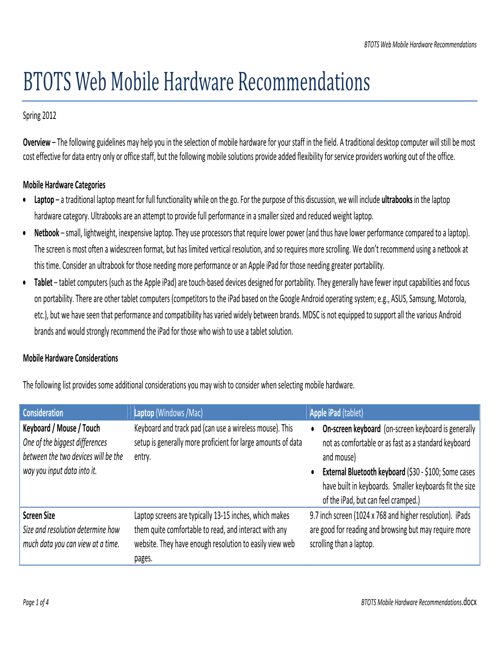 BTOTS Web Mobile Hardware Recommendations