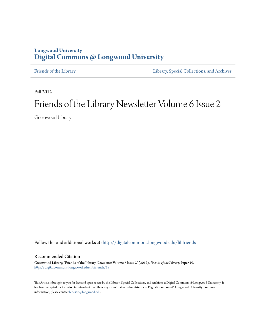 Friends of the Library Newsletter Volume 6 Issue 2 Greenwood Library