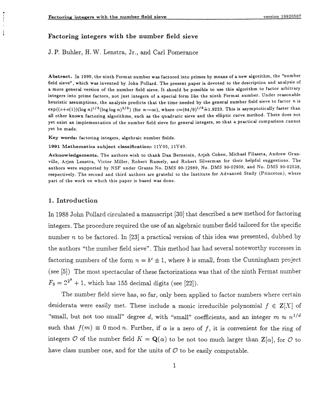 Factoring Integere with the Number Fleld Sieve Version 19920507