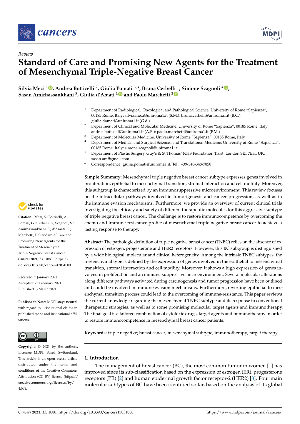 Standard of Care and Promising New Agents for the Treatment of Mesenchymal Triple-Negative Breast Cancer
