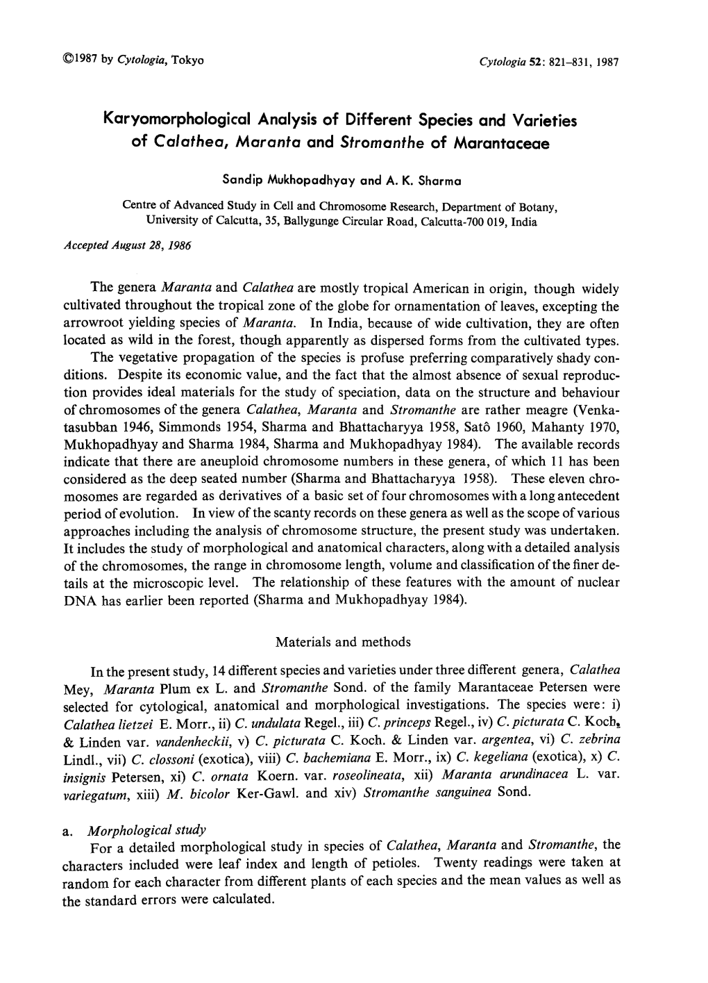 Karyomorphological Analysis of Different Species and Varieties of Calathea, Maranta and Stromanthe of Marantaceae