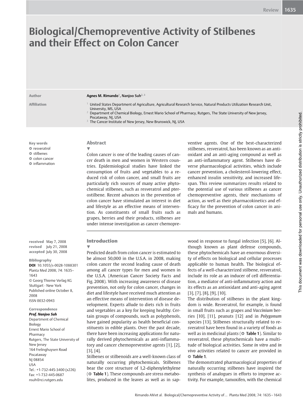 Biological/Chemopreventive Activity of Stilbenes and Their Effect on Colon Cancer