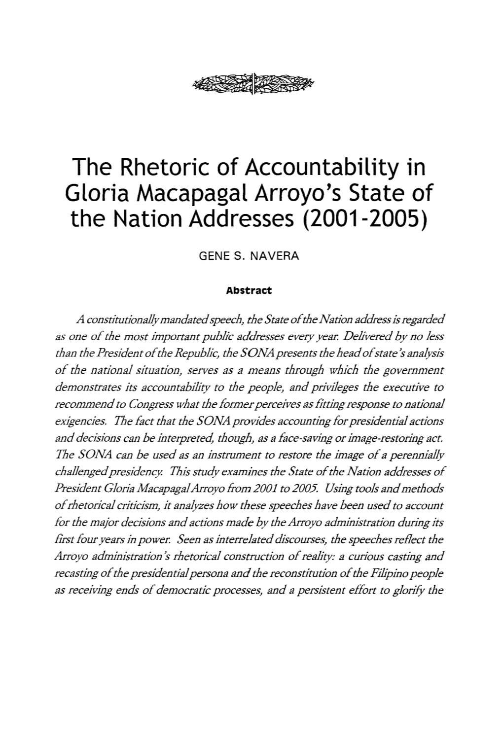 The Rhetoric of Accountability in Gloria Macapagal Arroyo's State of the Nation Addresses (2001-2005)