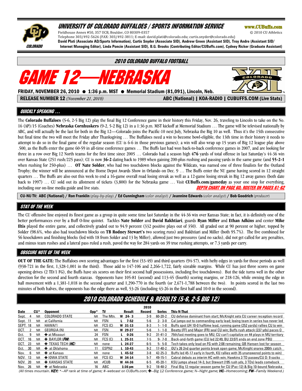 GAME 12—NEBRASKA FRIDAY, NOVEMBER 26, 2010 � 1:36 P.M