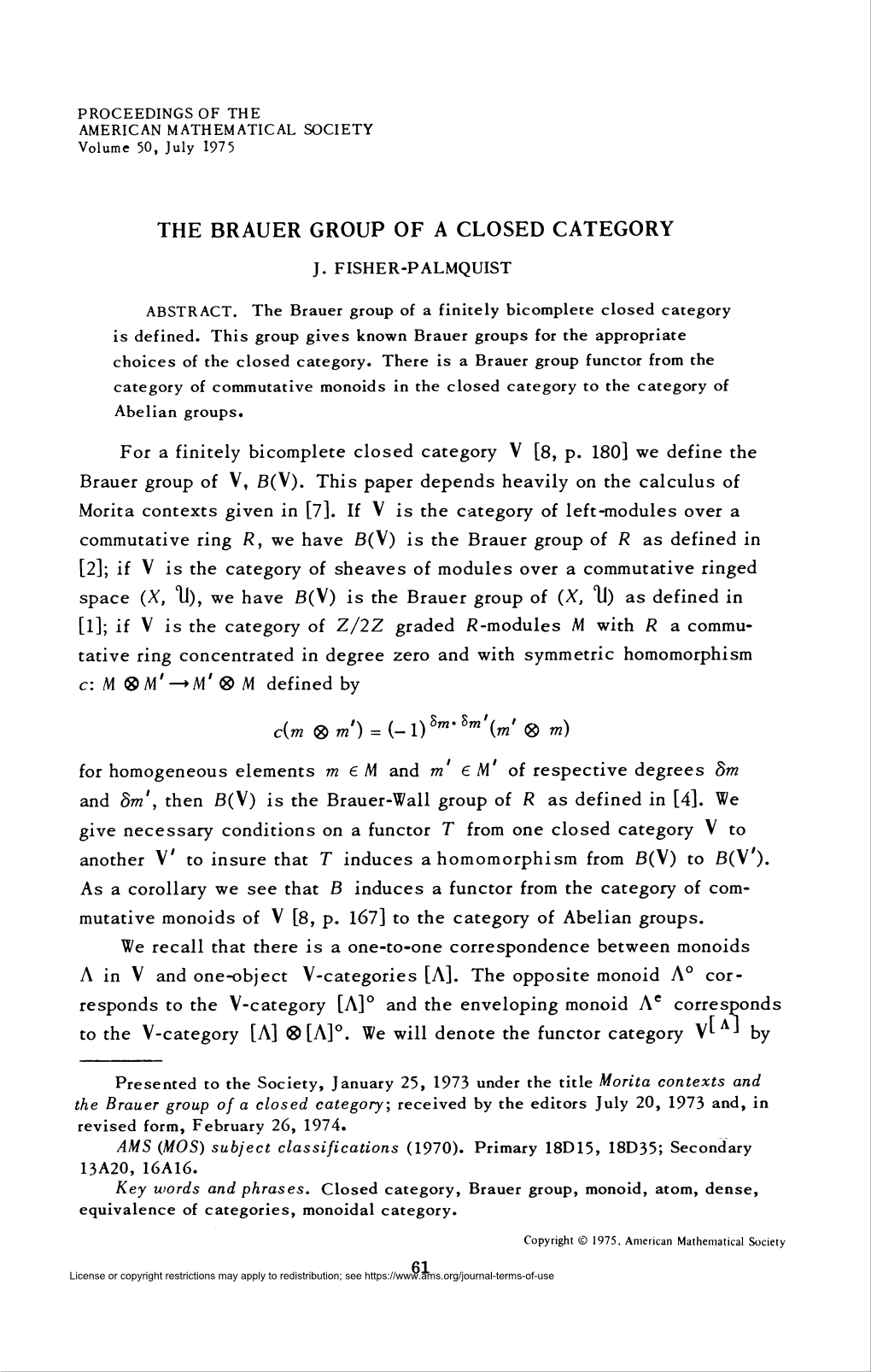 The Brauer Group of a Closed Category