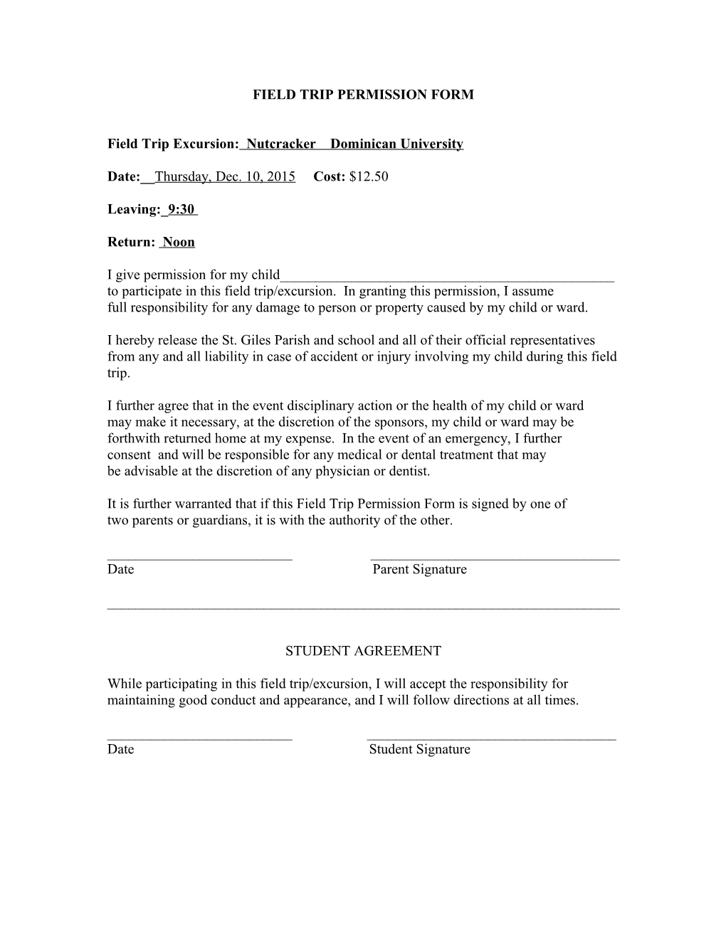 Field Trip Permission Form