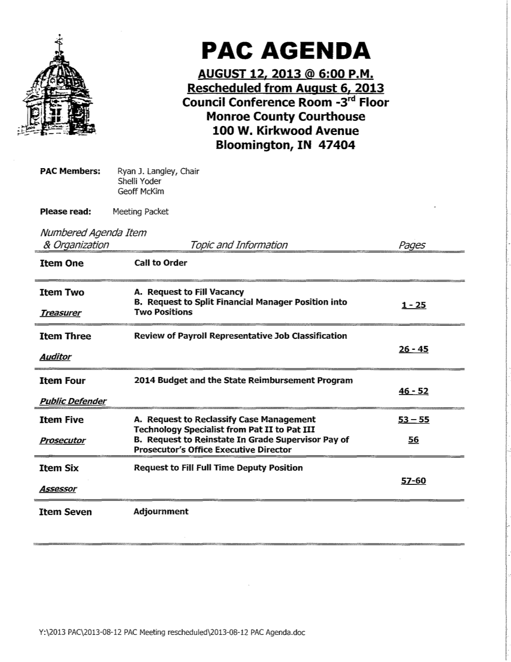 Pac Agenda August 12, 2013 @ 6:00 P.M