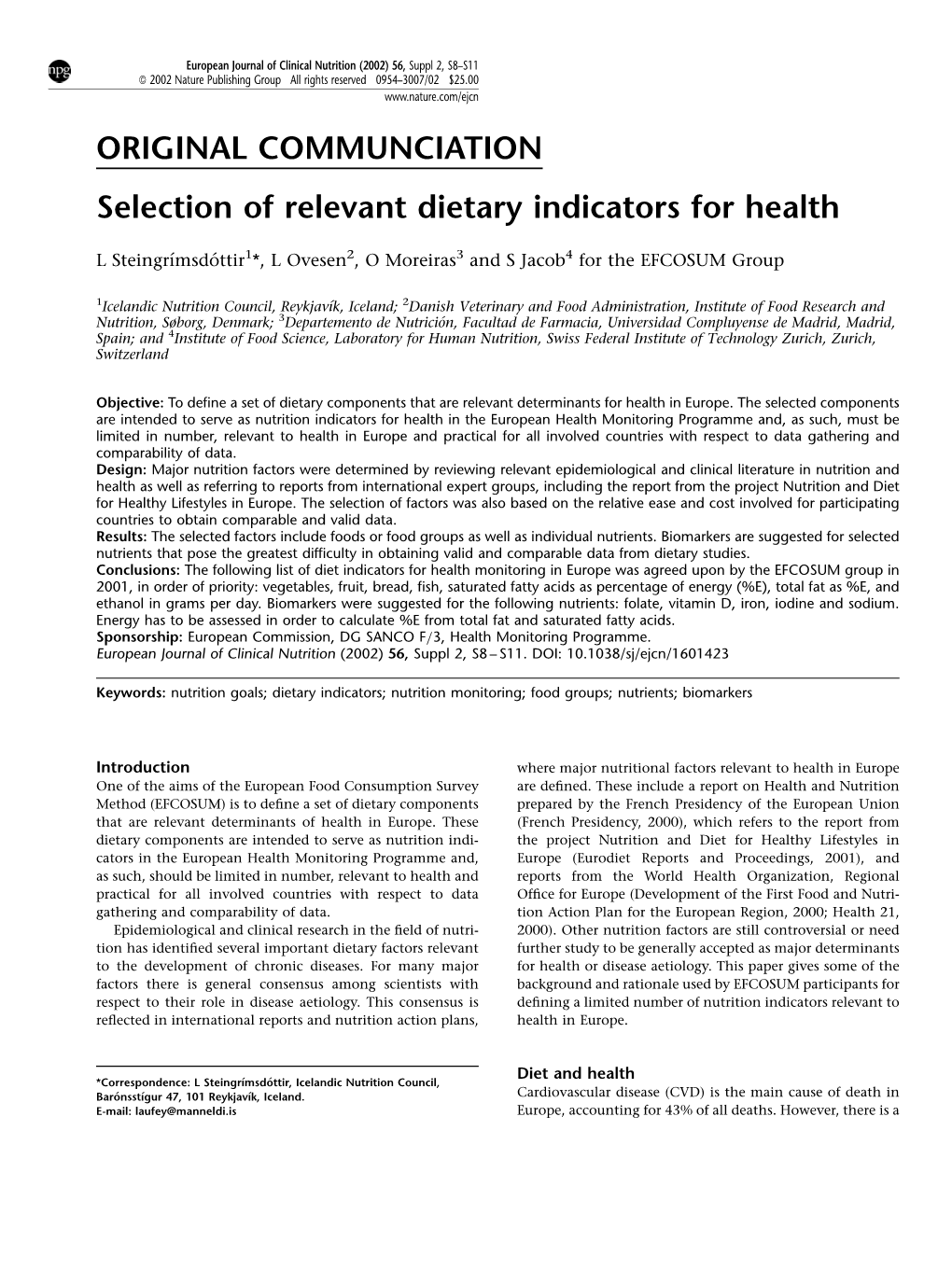 Selection of Relevant Dietary Indicators for Health