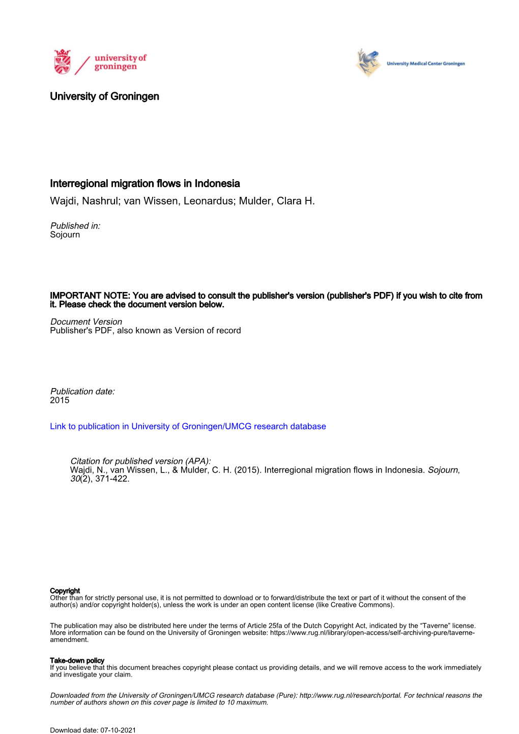 Interregional Migration Flows in Indonesia Wajdi, Nashrul; Van Wissen, Leonardus; Mulder, Clara H