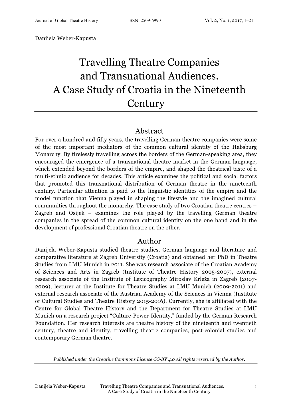 Travelling Theatre Companies and Transnational Audiences. a Case Study of Croatia in the Nineteenth Century