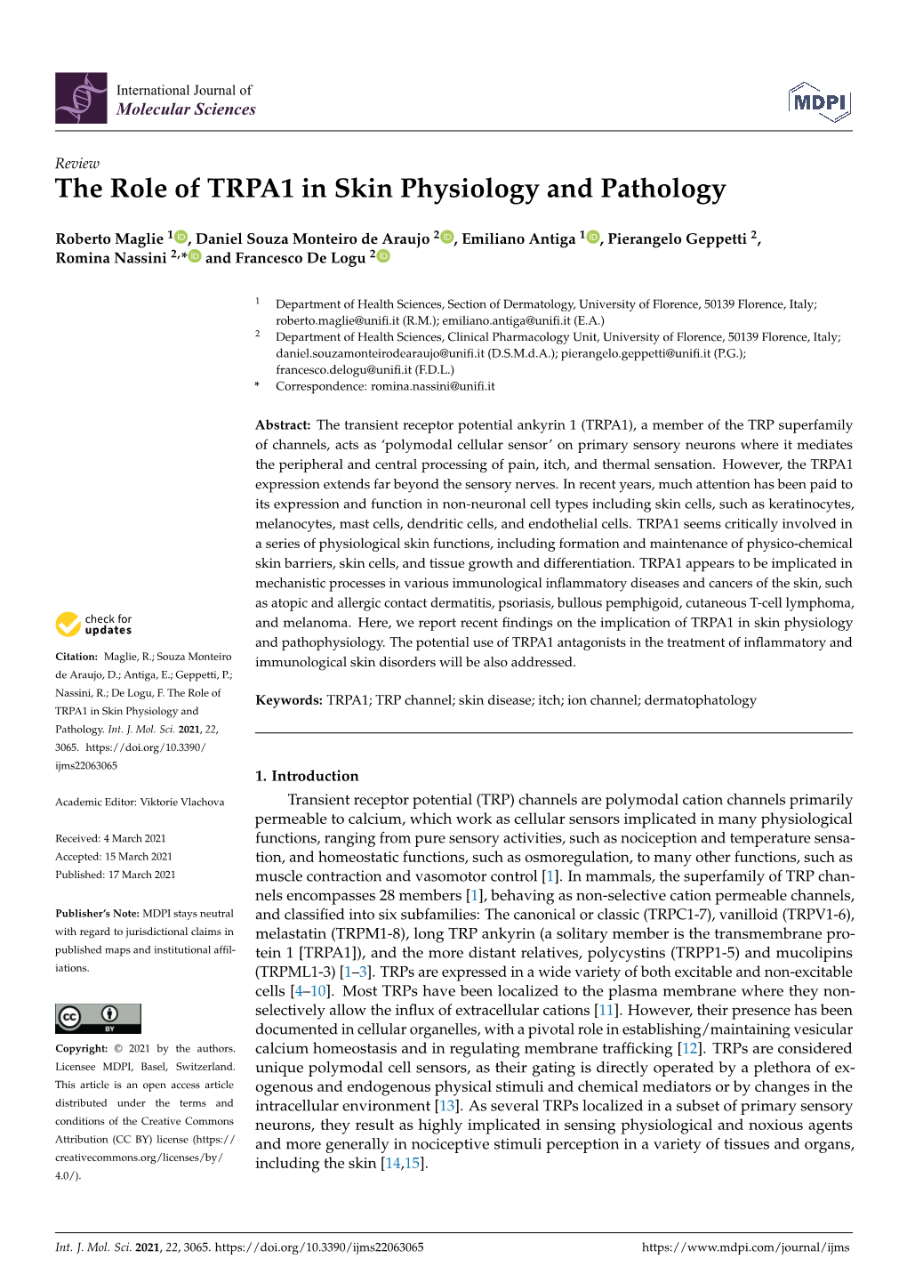 The Role of TRPA1 in Skin Physiology and Pathology