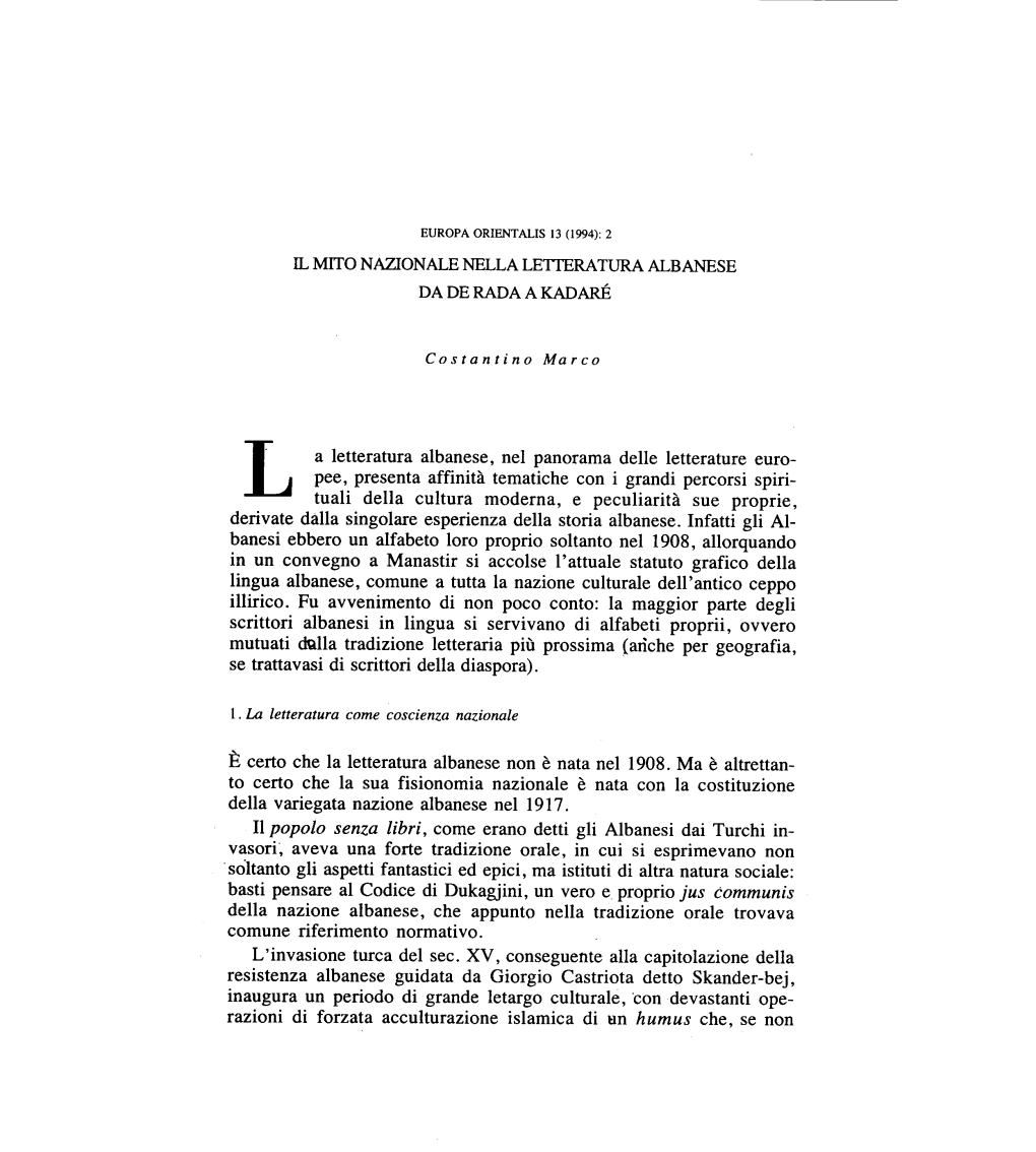 Il Mito Nazionale Nella Letteratura Albanese Da De Rada a Kadaré� 9 Logie Appartenenti Alle Correnti Europee