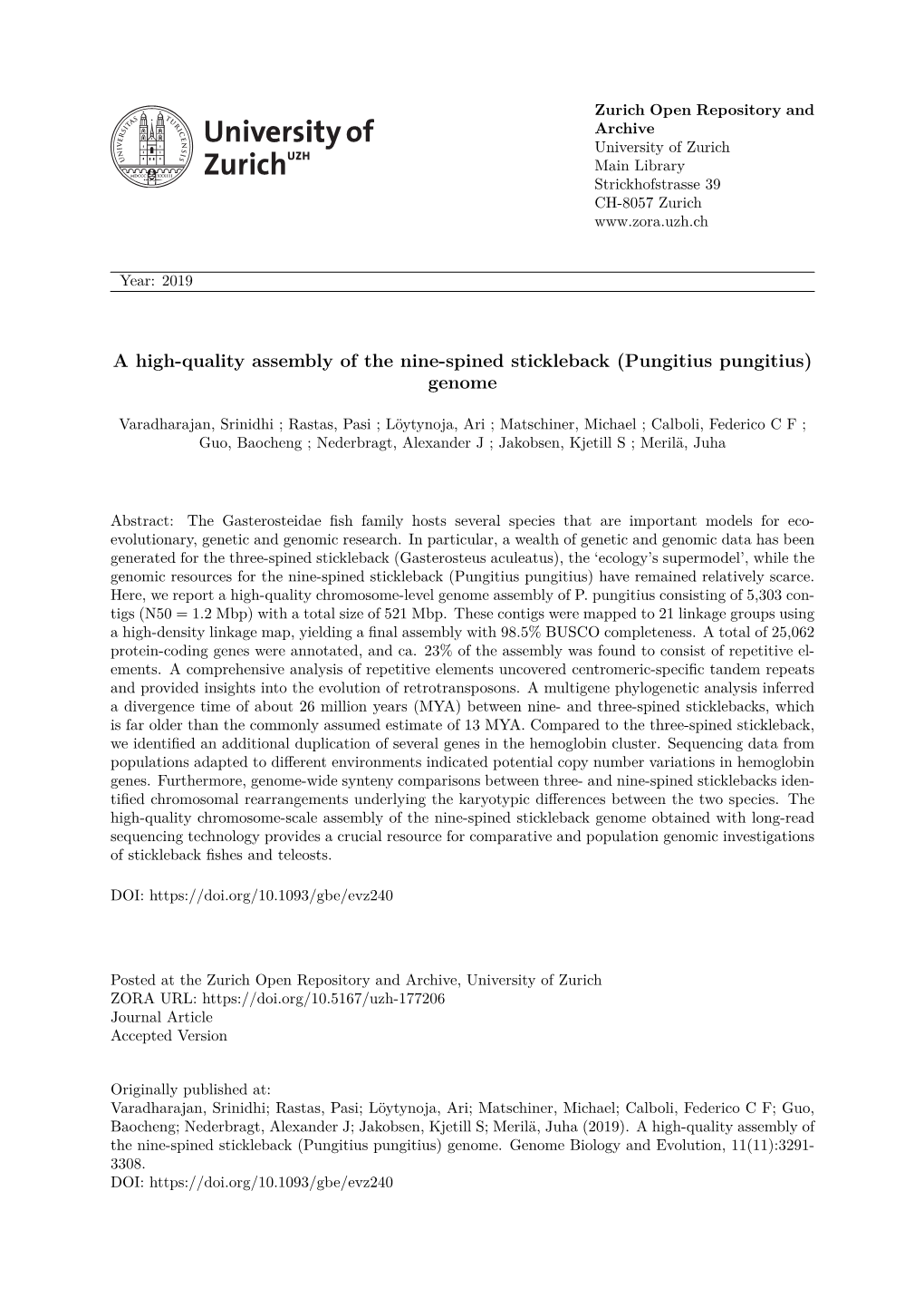 A High-Quality Assembly of the Nine-Spined Stickleback (Pungitius Pungitius) Genome