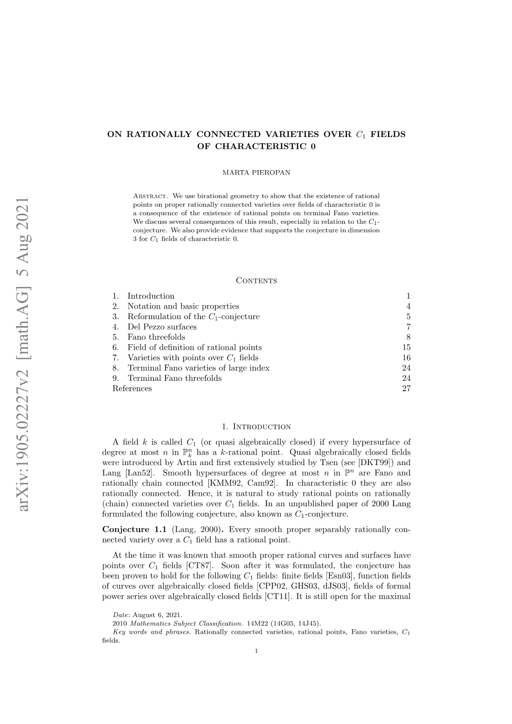 Arxiv:1905.02227V2 [Math.AG] 5 Aug 2021 Erea Most at Degree Ag[A5] Mohhprufcso Erea Most at Degree of (See Hypersurfaces Tsen Smooth by Studied Extensively [Lan52]