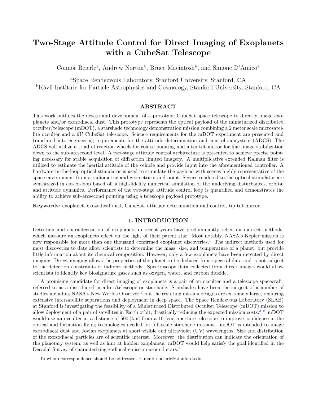 Two-Stage Attitude Control for Direct Imaging of Exoplanets with a Cubesat Telescope