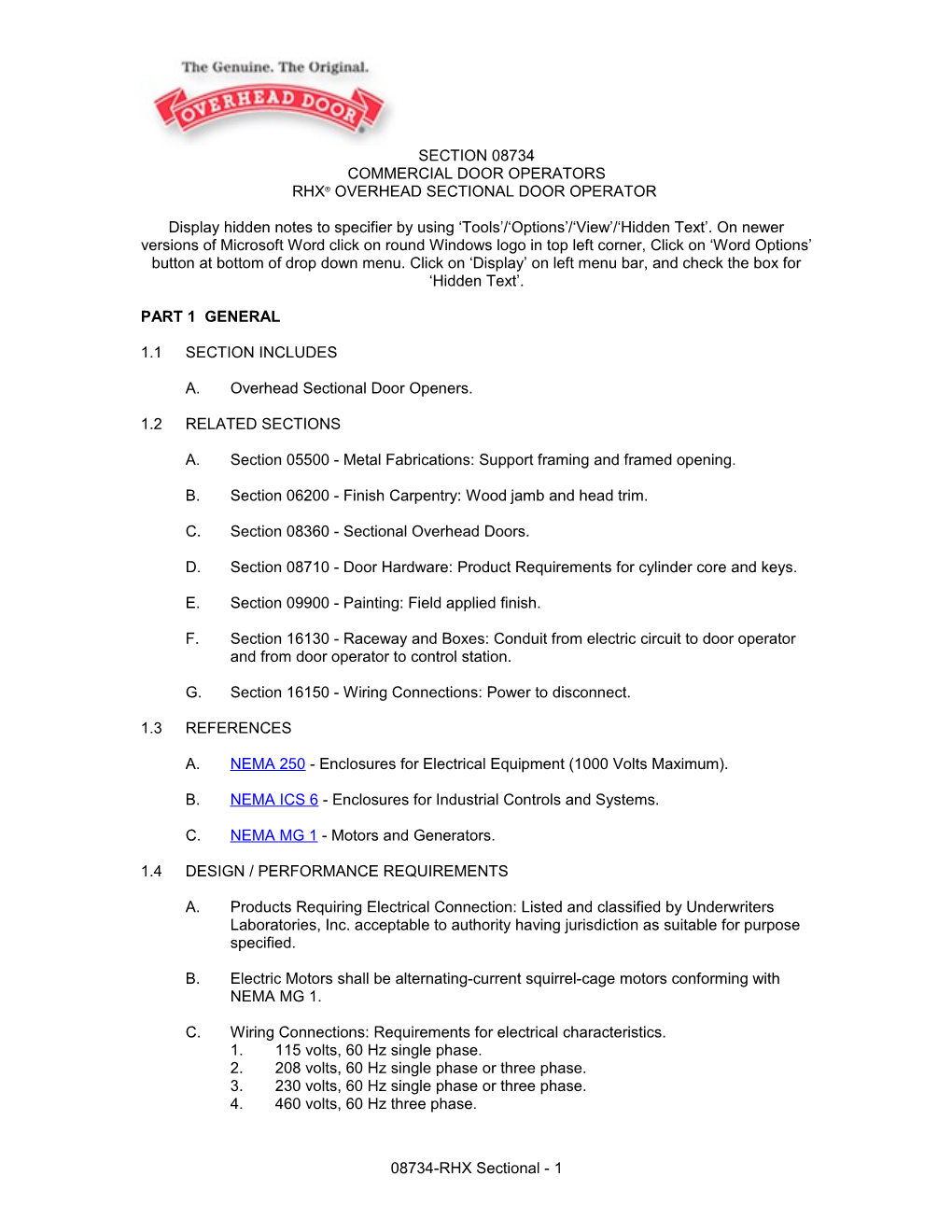 Operator RHX Specs for Sectional